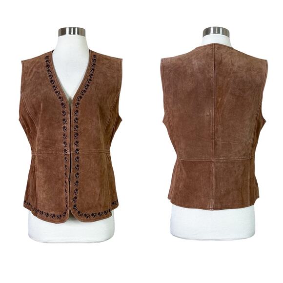 Vintage | Outbrook Suede Brown Leather Embroidered Western Boho Vest Large L - Picture 1 of 12